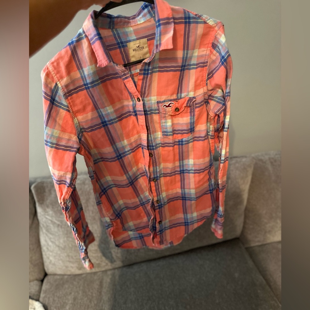 Hollister Women’s  Casual Plaid Shirt - Coral Pink and Blue